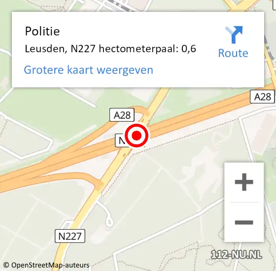 Locatie op kaart van de 112 melding: Politie Leusden, N227 hectometerpaal: 0,6 op 27 oktober 2023 11:24