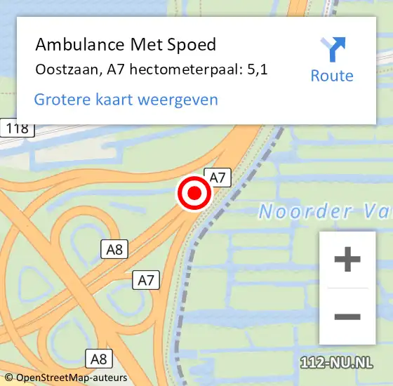 Locatie op kaart van de 112 melding: Ambulance Met Spoed Naar Oostzaan, A7 hectometerpaal: 5,1 op 27 oktober 2023 15:39