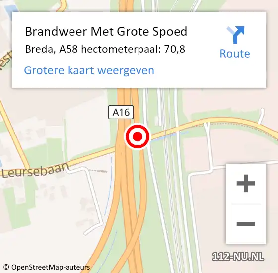 Locatie op kaart van de 112 melding: Brandweer Met Grote Spoed Naar Breda, A58 hectometerpaal: 70,8 op 29 oktober 2023 18:13
