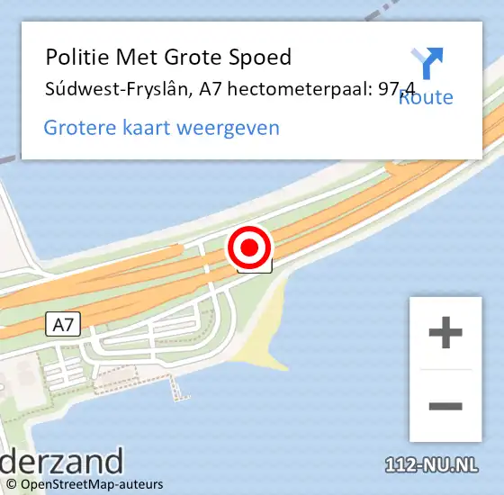 Locatie op kaart van de 112 melding: Politie Met Grote Spoed Naar Súdwest-Fryslân, A7 hectometerpaal: 97,4 op 10 november 2023 17:52