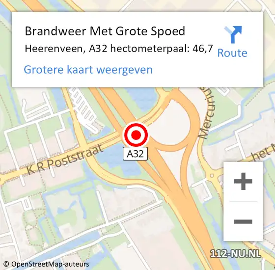 Locatie op kaart van de 112 melding: Brandweer Met Grote Spoed Naar Heerenveen, A32 hectometerpaal: 46,7 op 17 november 2023 17:48
