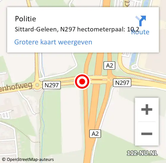 Locatie op kaart van de 112 melding: Politie Sittard-Geleen, N297 hectometerpaal: 10,2 op 19 november 2023 21:34