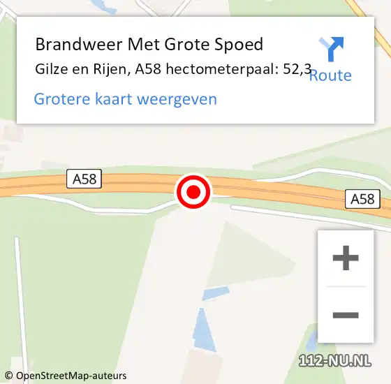 Locatie op kaart van de 112 melding: Brandweer Met Grote Spoed Naar Gilze en Rijen, A58 hectometerpaal: 52,3 op 28 november 2023 20:30