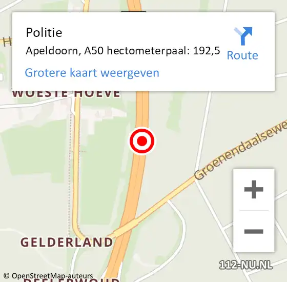 Locatie op kaart van de 112 melding: Politie Apeldoorn, A50 hectometerpaal: 192,5 op 30 november 2023 10:46