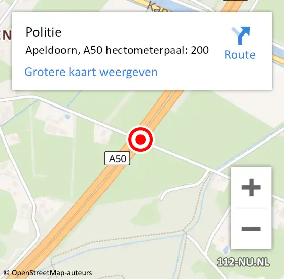Locatie op kaart van de 112 melding: Politie Apeldoorn, A50 hectometerpaal: 200 op 1 december 2023 17:56