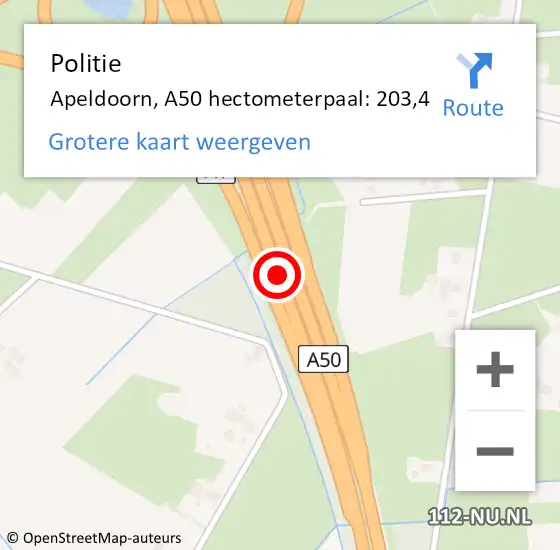 Locatie op kaart van de 112 melding: Politie Apeldoorn, A50 hectometerpaal: 203,4 op 1 december 2023 17:57