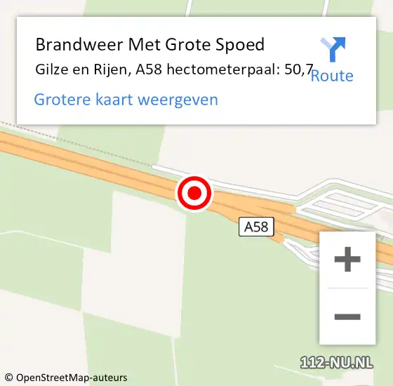 Locatie op kaart van de 112 melding: Brandweer Met Grote Spoed Naar Gilze en Rijen, A58 hectometerpaal: 50,7 op 3 december 2023 18:15