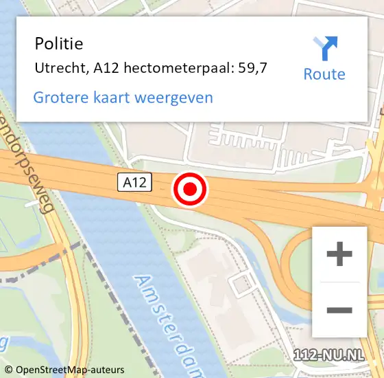 Locatie op kaart van de 112 melding: Politie Utrecht, A12 hectometerpaal: 59,7 op 6 december 2023 23:16