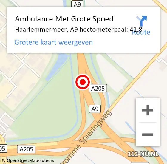 Locatie op kaart van de 112 melding: Ambulance Met Grote Spoed Naar Haarlemmermeer, A9 hectometerpaal: 41,8 op 12 december 2023 03:45