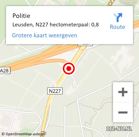 Locatie op kaart van de 112 melding: Politie Leusden, N227 hectometerpaal: 0,8 op 12 december 2023 19:43