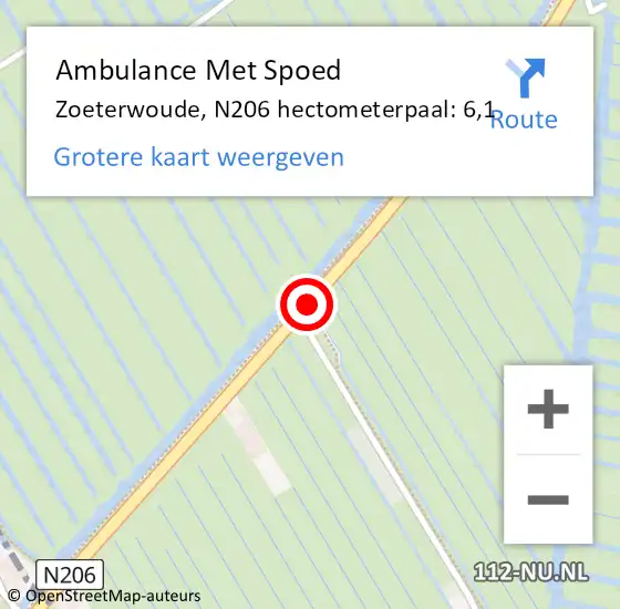 Locatie op kaart van de 112 melding: Ambulance Met Spoed Naar Zoeterwoude, N206 hectometerpaal: 6,1 op 14 december 2023 15:54