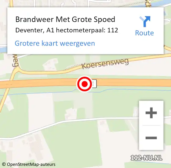 Locatie op kaart van de 112 melding: Brandweer Met Grote Spoed Naar Deventer, A1 hectometerpaal: 112 op 16 december 2023 16:55
