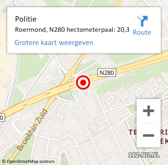 Locatie op kaart van de 112 melding: Politie Roermond, N280 hectometerpaal: 20,3 op 28 december 2023 17:16