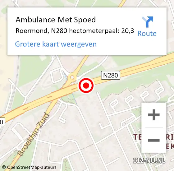 Locatie op kaart van de 112 melding: Ambulance Met Spoed Naar Roermond, N280 hectometerpaal: 20,3 op 28 december 2023 17:21