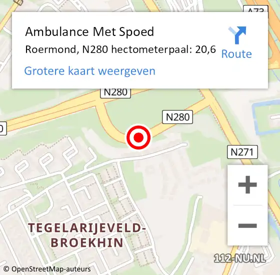 Locatie op kaart van de 112 melding: Ambulance Met Spoed Naar Roermond, N280 hectometerpaal: 20,6 op 28 december 2023 18:54