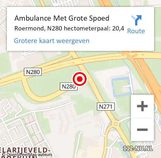 Locatie op kaart van de 112 melding: Ambulance Met Grote Spoed Naar Roermond, N280 hectometerpaal: 20,4 op 29 december 2023 17:05