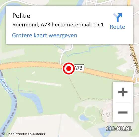 Locatie op kaart van de 112 melding: Politie Roermond, A73 hectometerpaal: 15,1 op 2 januari 2024 12:41