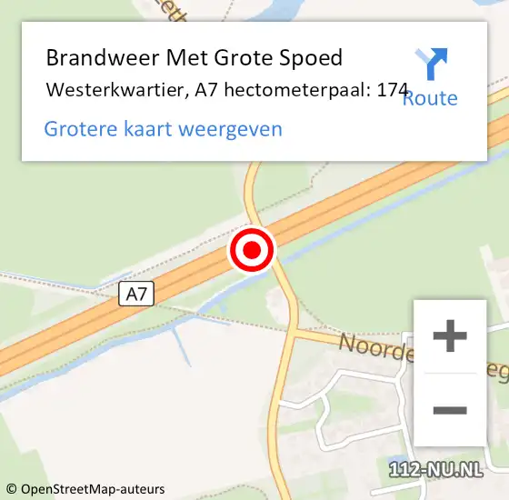Locatie op kaart van de 112 melding: Brandweer Met Grote Spoed Naar Westerkwartier, A7 hectometerpaal: 174 op 2 januari 2024 18:26