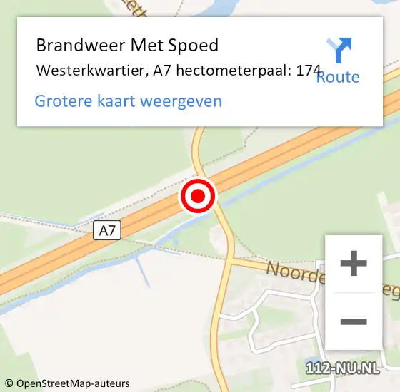 Locatie op kaart van de 112 melding: Brandweer Met Spoed Naar Westerkwartier, A7 hectometerpaal: 174 op 2 januari 2024 22:44