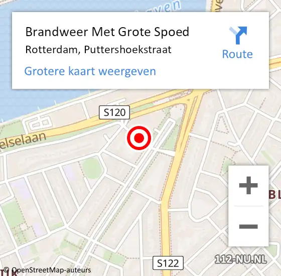 Locatie op kaart van de 112 melding: Brandweer Met Grote Spoed Naar Rotterdam, Puttershoekstraat op 10 januari 2024 22:12