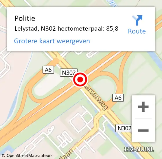 Locatie op kaart van de 112 melding: Politie Lelystad, N302 hectometerpaal: 85,8 op 11 januari 2024 17:03