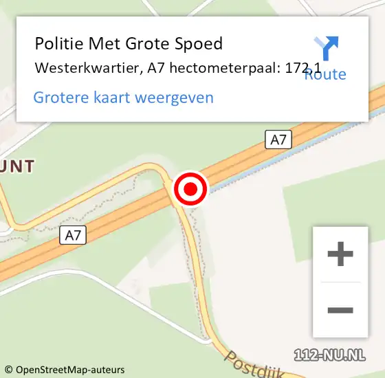 Locatie op kaart van de 112 melding: Politie Met Grote Spoed Naar Westerkwartier, A7 hectometerpaal: 172,1 op 14 januari 2024 18:55