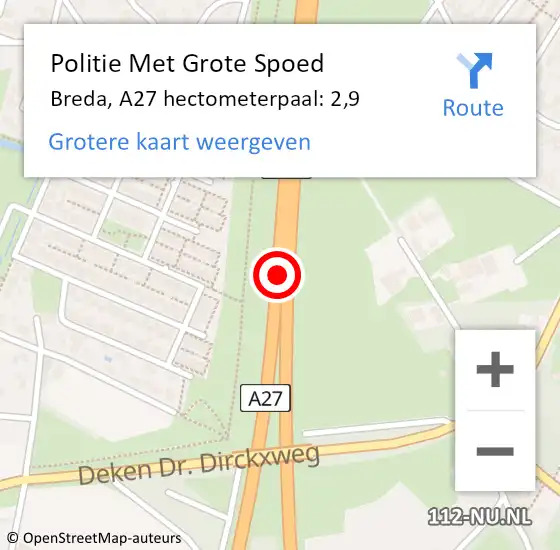 Locatie op kaart van de 112 melding: Politie Met Grote Spoed Naar Breda, A27 hectometerpaal: 2,9 op 15 januari 2024 23:57
