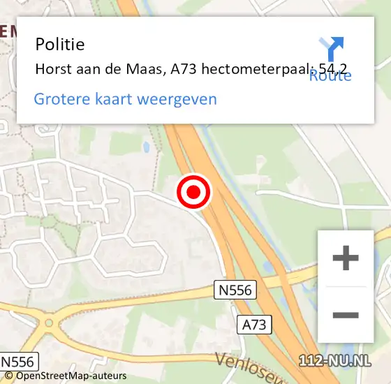Locatie op kaart van de 112 melding: Politie Horst aan de Maas, A73 hectometerpaal: 54,2 op 16 januari 2024 15:41