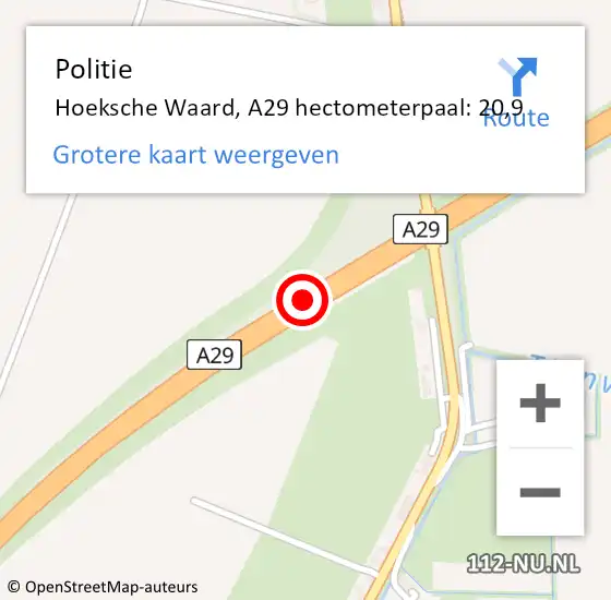 Locatie op kaart van de 112 melding: Politie Hoeksche Waard, A29 hectometerpaal: 20,9 op 22 januari 2024 11:01