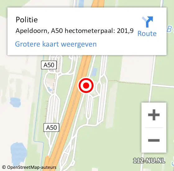 Locatie op kaart van de 112 melding: Politie Apeldoorn, A50 hectometerpaal: 201,9 op 24 januari 2024 11:17