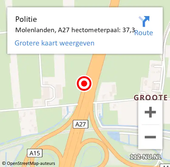 Locatie op kaart van de 112 melding: Politie Molenlanden, A27 hectometerpaal: 37,3 op 26 januari 2024 14:05