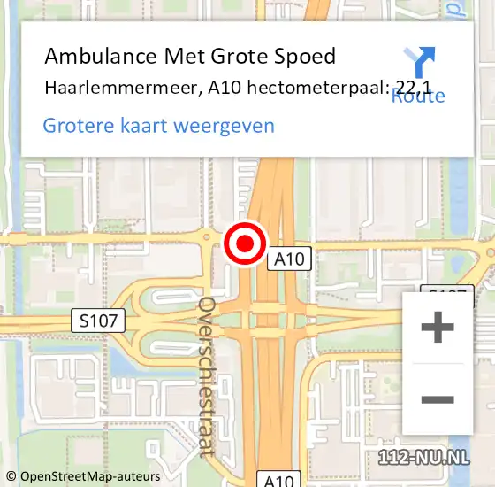 Locatie op kaart van de 112 melding: Ambulance Met Grote Spoed Naar Haarlemmermeer, A10 hectometerpaal: 22,1 op 28 januari 2024 19:05