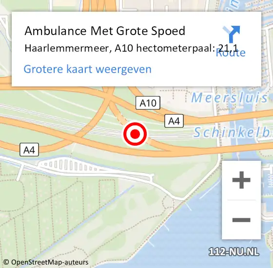 Locatie op kaart van de 112 melding: Ambulance Met Grote Spoed Naar Haarlemmermeer, A10 hectometerpaal: 21,1 op 28 januari 2024 19:09
