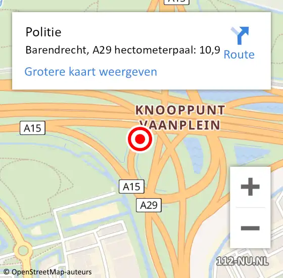 Locatie op kaart van de 112 melding: Politie Barendrecht, A29 hectometerpaal: 10,9 op 29 januari 2024 12:26