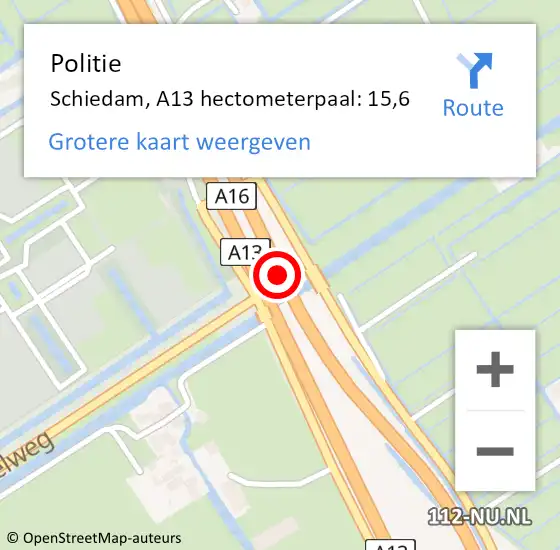 Locatie op kaart van de 112 melding: Politie Schiedam, A13 hectometerpaal: 15,6 op 31 januari 2024 16:59