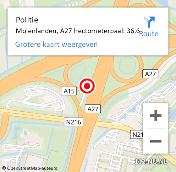 Locatie op kaart van de 112 melding: Politie Molenlanden, A27 hectometerpaal: 36,6 op 5 februari 2024 16:37
