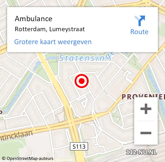Locatie op kaart van de 112 melding: Ambulance Rotterdam, Lumeystraat op 9 februari 2024 18:14