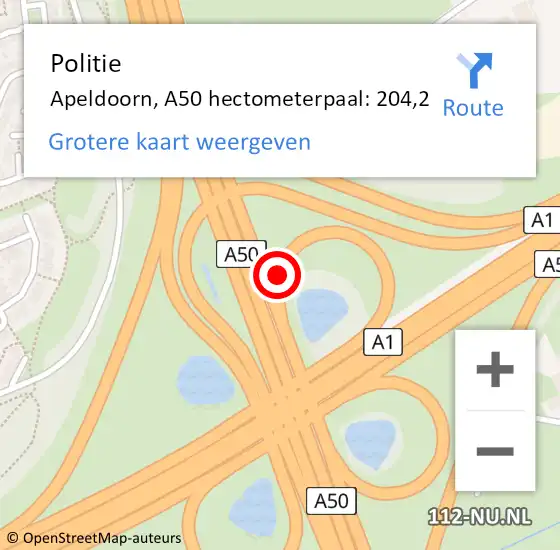 Locatie op kaart van de 112 melding: Politie Apeldoorn, A50 hectometerpaal: 204,2 op 19 februari 2024 10:16