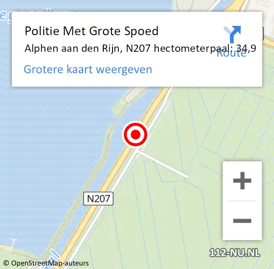 Locatie op kaart van de 112 melding: Politie Met Grote Spoed Naar Alphen aan den Rijn, N207 hectometerpaal: 34,9 op 22 februari 2024 12:54