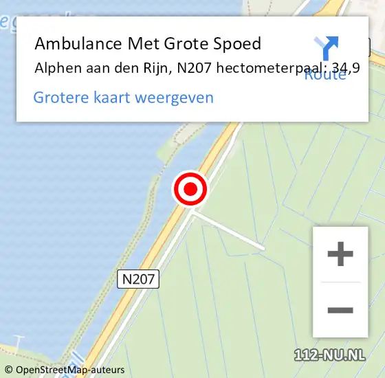 Locatie op kaart van de 112 melding: Ambulance Met Grote Spoed Naar Alphen aan den Rijn, N207 hectometerpaal: 34,9 op 22 februari 2024 12:54