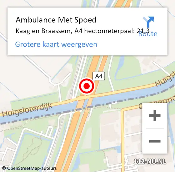 Locatie op kaart van de 112 melding: Ambulance Met Spoed Naar Kaag en Braassem, A4 hectometerpaal: 21,3 op 1 maart 2024 15:01
