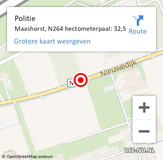 Locatie op kaart van de 112 melding: Politie Maashorst, N264 hectometerpaal: 32,5 op 1 maart 2024 20:00