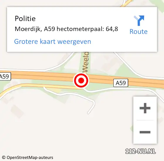 Locatie op kaart van de 112 melding: Politie Moerdijk, A59 hectometerpaal: 64,8 op 3 maart 2024 15:42