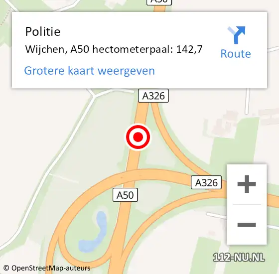 Locatie op kaart van de 112 melding: Politie Wijchen, A50 hectometerpaal: 142,7 op 4 maart 2024 17:54