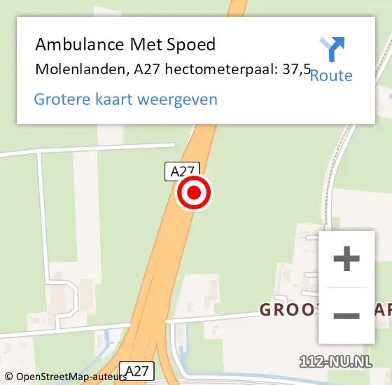 Locatie op kaart van de 112 melding: Ambulance Met Spoed Naar Molenlanden, A27 hectometerpaal: 37,5 op 9 maart 2024 12:19