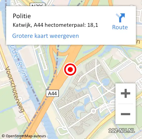 Locatie op kaart van de 112 melding: Politie Katwijk, A44 hectometerpaal: 18,1 op 16 maart 2024 18:02