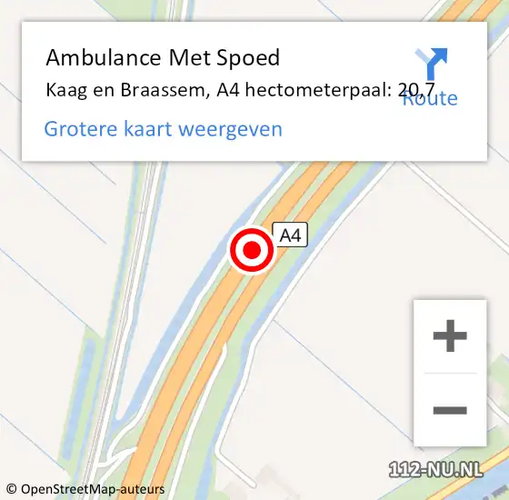 Locatie op kaart van de 112 melding: Ambulance Met Spoed Naar Kaag en Braassem, A4 hectometerpaal: 20,7 op 22 maart 2024 17:01