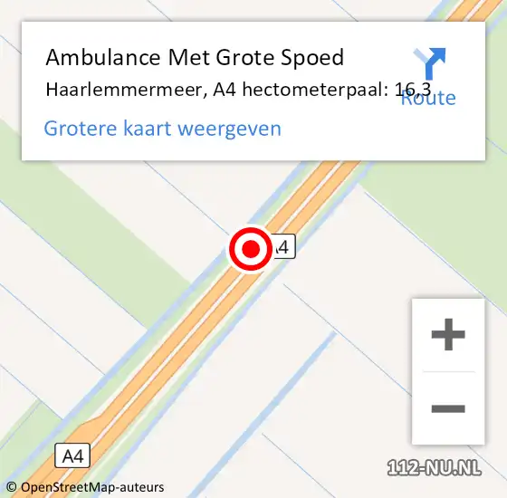 Locatie op kaart van de 112 melding: Ambulance Met Grote Spoed Naar Haarlemmermeer, A4 hectometerpaal: 16,3 op 24 maart 2024 05:56