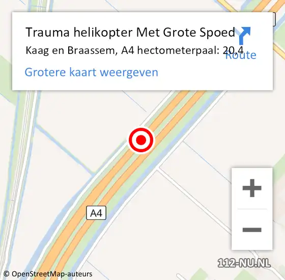 Locatie op kaart van de 112 melding: Trauma helikopter Met Grote Spoed Naar Kaag en Braassem, A4 hectometerpaal: 20,4 op 28 maart 2024 02:32