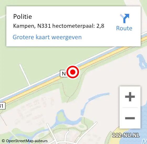 Locatie op kaart van de 112 melding: Politie Kampen, N331 hectometerpaal: 2,8 op 28 maart 2024 06:29